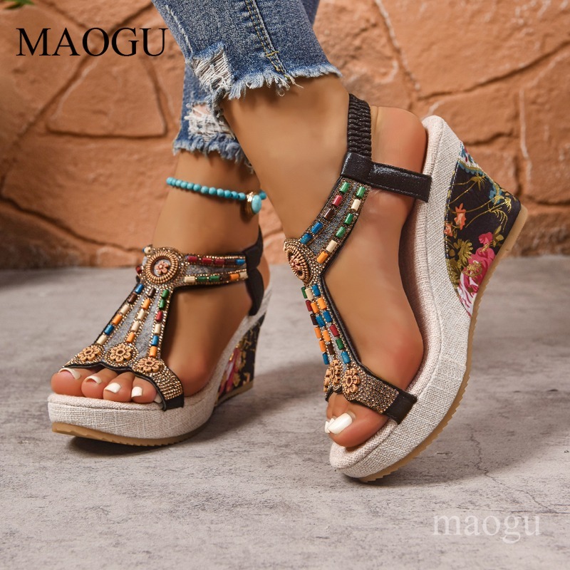 Boho Beaded Floral Wedge Sanda - огляд і ціна Ethnic Fashion For Women